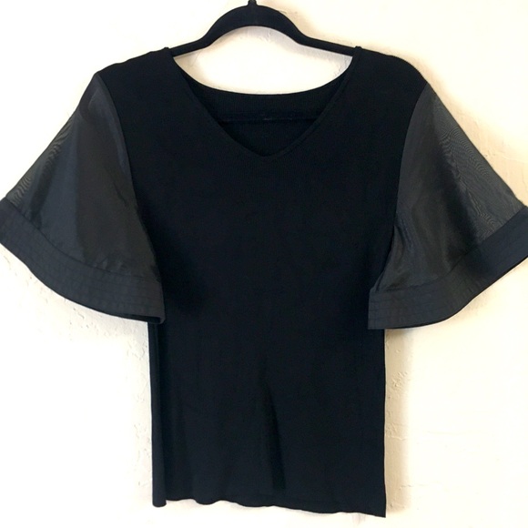 V- Neck Stretch Blouse With Sheer Puffy Sleeves Black Small - Picture 1 of 7